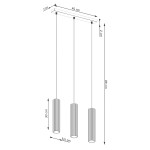 Lampa wisząca Karbon 3, kolor ochra czerwona, z trzema kloszami o wysokości 30 cm i średnicy 6,5 cm. Utrzymana na prostokątnej podstawie o wymiarach 45 cm x 5 cm. Wysokość całkowita 98 cm. Przeznaczona do żarówek GU10.