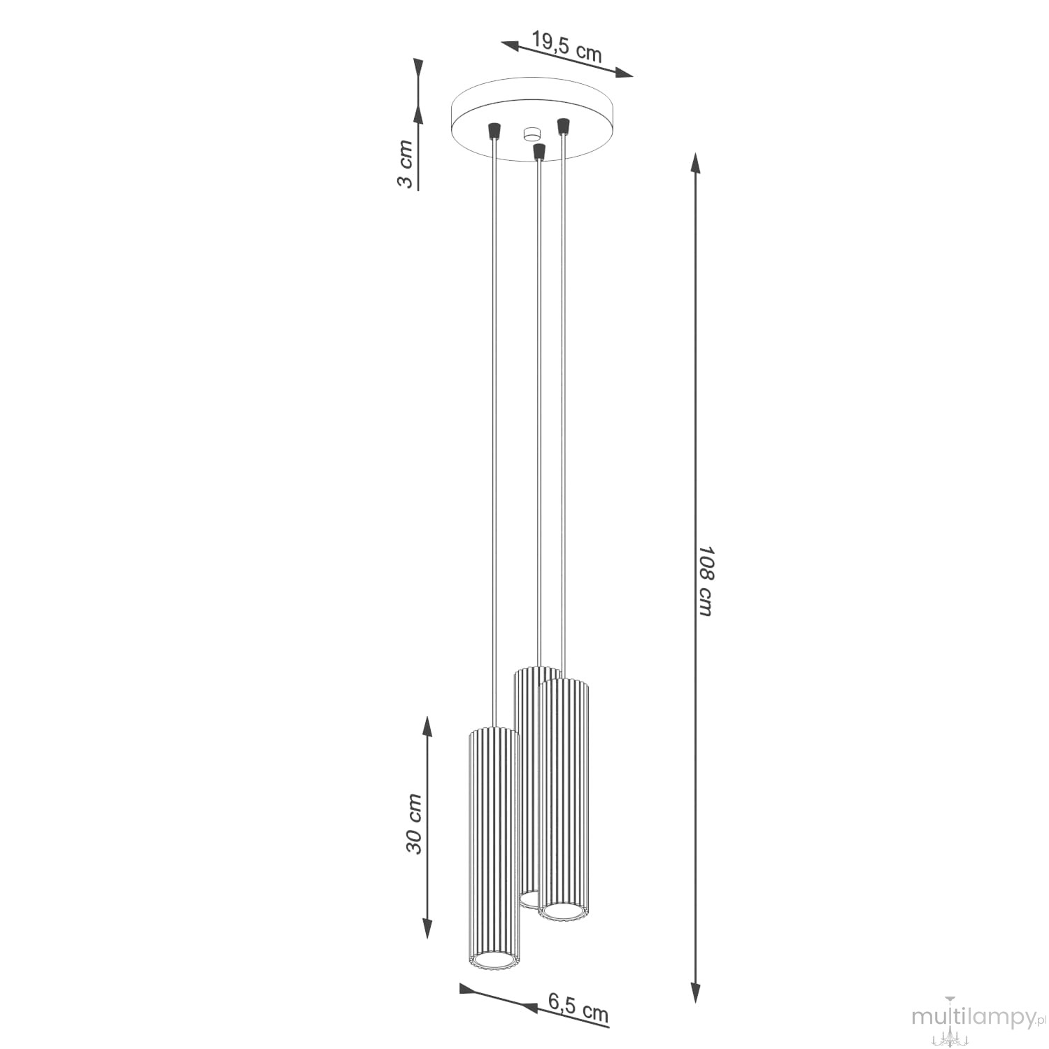 Lampa wisząca Karbon 3P w kolorze ochra czerwona z trzema oprawami na żarówki GU10. Posiada dwa cylindryczne klosze o wysokości 30 cm i średnicy 6,5 cm, zawieszone na długich linkach. Sufitowa podstawa ma średnicę 19,5 cm i wysokość 3 cm.
