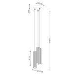 Lampa wisząca Karbon 3P w kolorze ochra czerwona z trzema oprawami na żarówki GU10. Posiada dwa cylindryczne klosze o wysokości 30 cm i średnicy 6,5 cm, zawieszone na długich linkach. Sufitowa podstawa ma średnicę 19,5 cm i wysokość 3 cm.