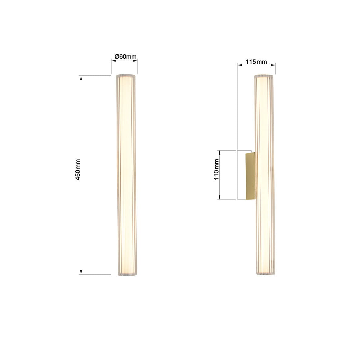 Kinkiet Linea H45 w złotym kolorze, z jedną diodą LED o mocy 8W, o wymiarach 450 mm wysokości i 60 mm średnicy. Prosty, smukły kształt, montowany na ścianie, idealny do oświetlenia wnętrz. Ochrona IP44, co zapewnia odporność na wilgoć.