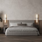 Kinkiet Linea H45 w kolorze czarnym, z jedną diodą LED o mocy 8W, umieszczony obok łóżka w nowoczesnej sypialni. Ściana w neutralnym kolorze, minimalistyczne detale, eleganckie wykończenie. Oświetlenie IP44, idealne do wnętrz.