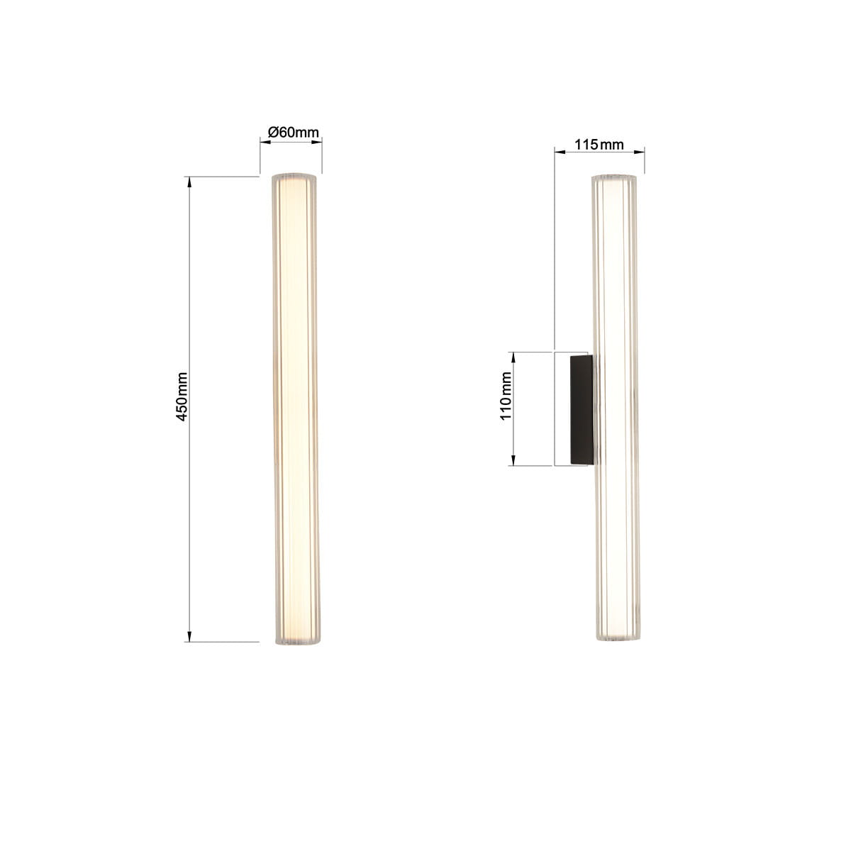 Kinkiet Linea H45 w kolorze czarnym, z jedną diodą LED o mocy 8W, wymiarach 450 mm wysokości i 60 mm średnicy. Ujęcie frontalne, produkt montowany na ścianie, z widocznymi detalami obudowy. Certyfikat IP44 zapewnia odporność na wilgoć.