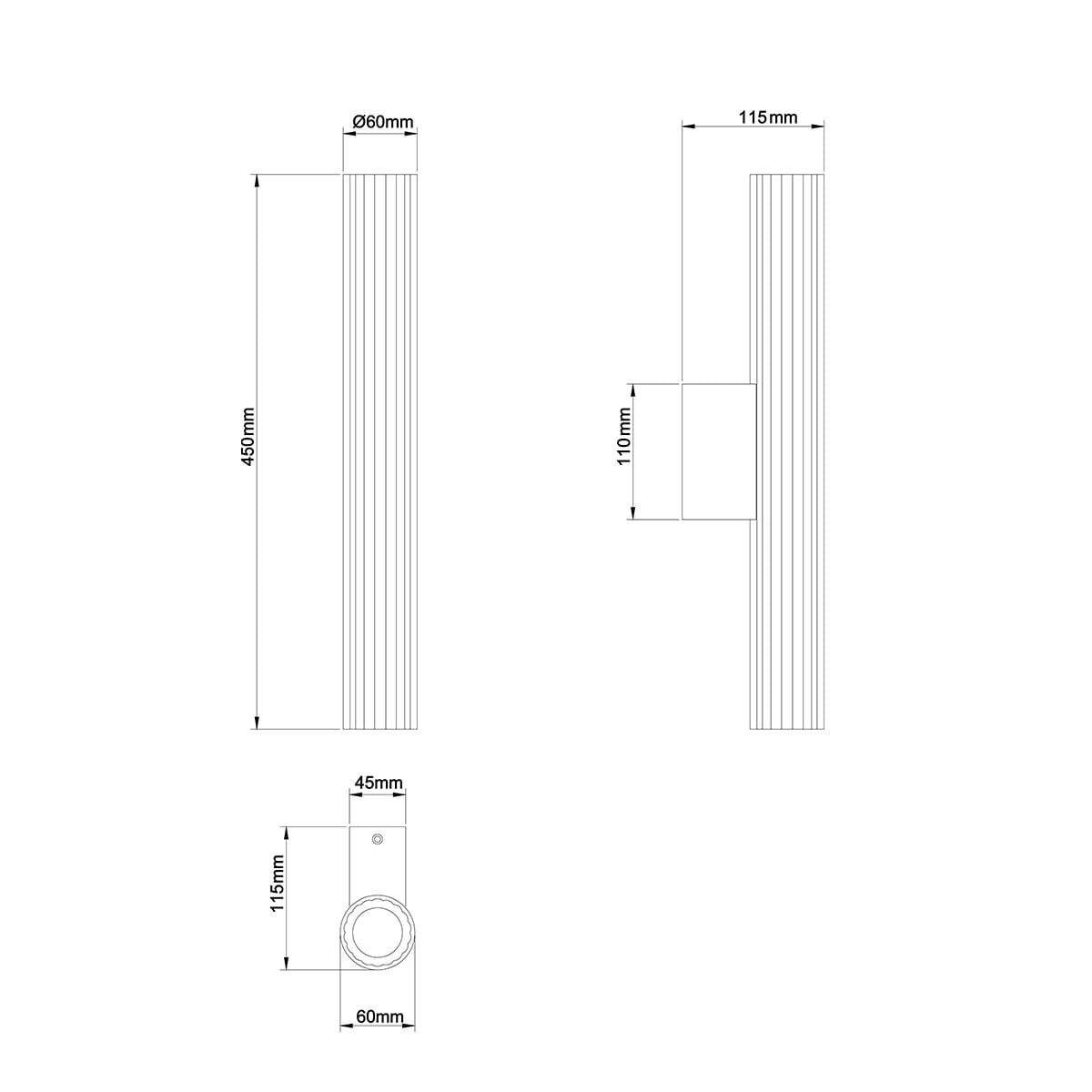 Kinkiet Linea H45 w kolorze czarnym, wykonany z materiału odpornego na wilgoć (IP44). Wymiary: wysokość 450 mm, średnica 60 mm. Posiada jedno źródło światła LED o mocy 8W, z prostym, nowoczesnym designem i widocznymi detalami wzdłużnej tekstury.