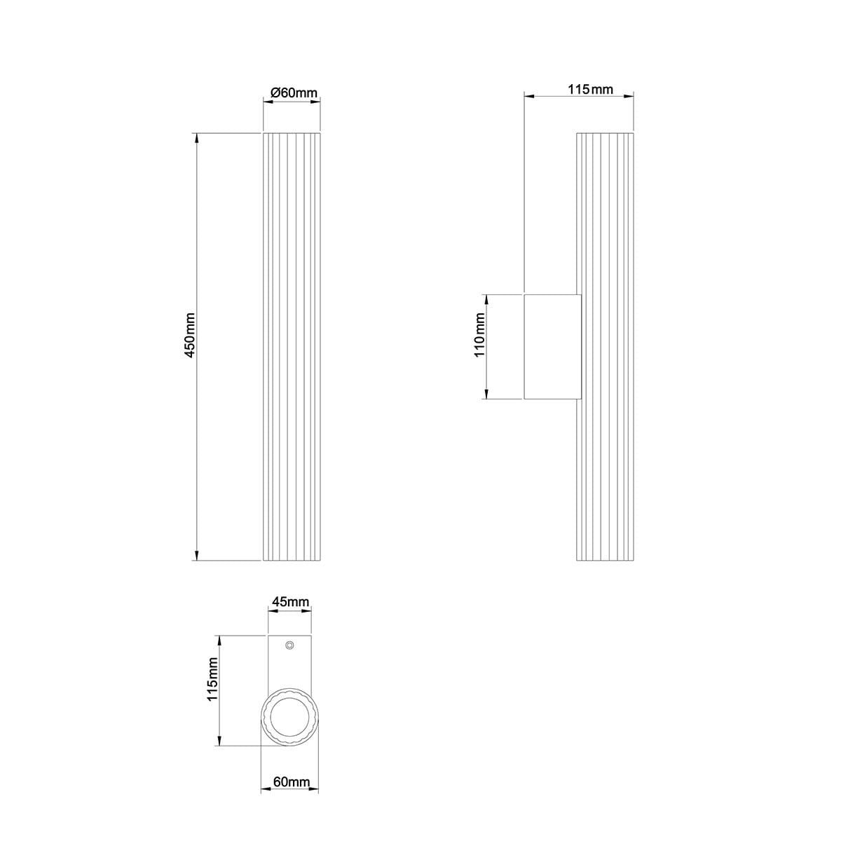 Kinkiet Linea H45 w kolorze białym, wykonany z materiałów odpornych na wilgoć (IP44). Wymiary: wysokość 450 mm, średnica 60 mm. Prosta, cylindryczna forma z rowkowaną powierzchnią, montaż ścienny, z wbudowanym źródłem światła LED o mocy 8W.