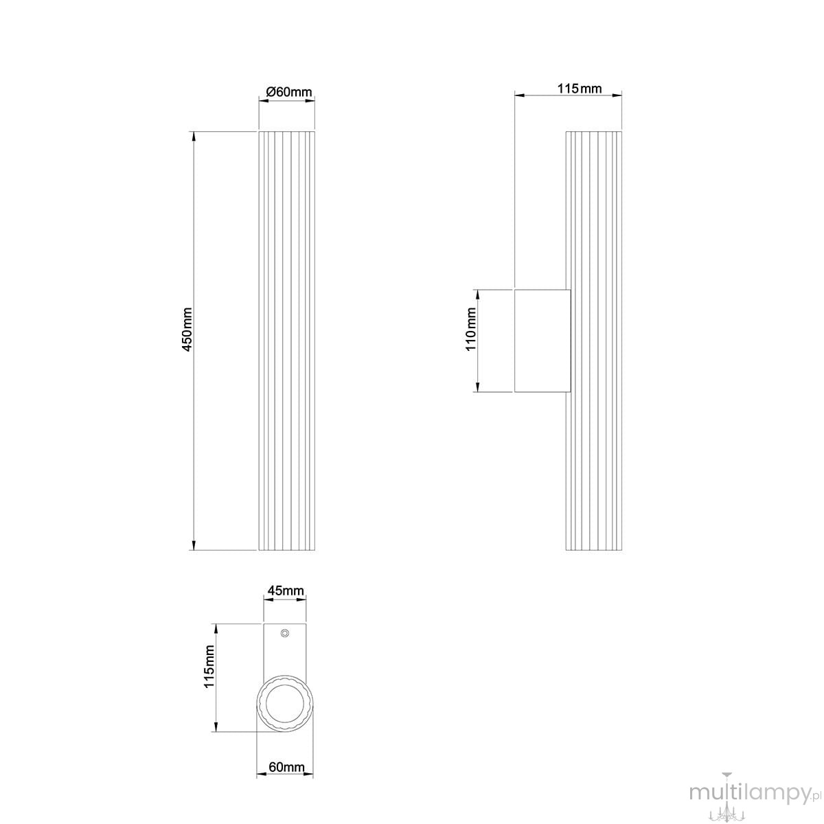 Kinkiet Linea H61 w kolorze białym, z jedną diodą LED o mocy 12W, stopień ochrony IP44. Wymiary: wysokość 450 mm, średnica 60 mm. Prosty, prostokątny kształt z delikatnymi rowkami, montowany na ścianie.