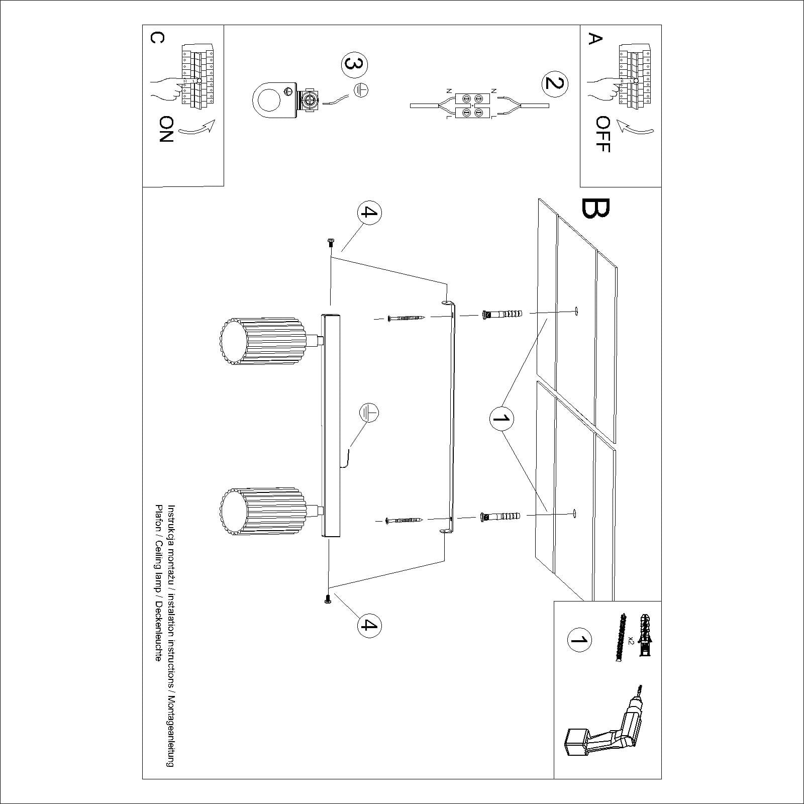 Lampa sufitowa Karbon w kolorze ochra czerwona, z dwoma miejscami na żarówki GU10. Ujęcie frontalne pokazujące prostokątną konstrukcję z metalowymi reflektorami. Wyraźne oznaczenia montażowe oraz instrukcje użytkowania.