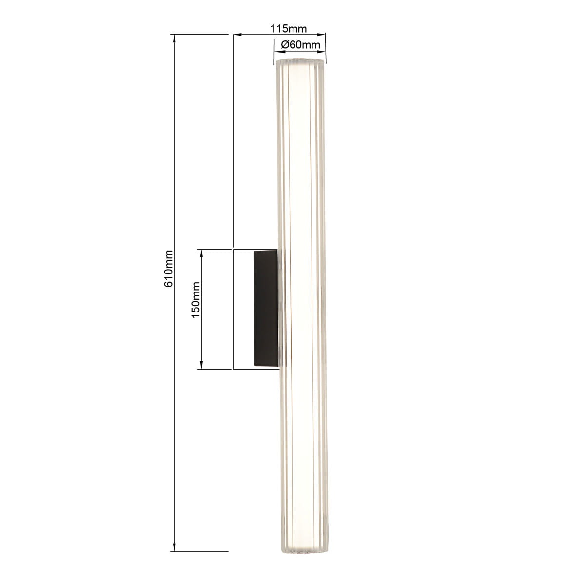 Kinkiet Linea H61 w kolorze czarnym, z pojedynczym źródłem światła LED 12W, o wymiarach 610 mm wysokości i 115 mm szerokości. Prosty, pionowy kształt z przezroczystym kloszem, montowany na ścianie, odporny na wilgoć (IP44).
