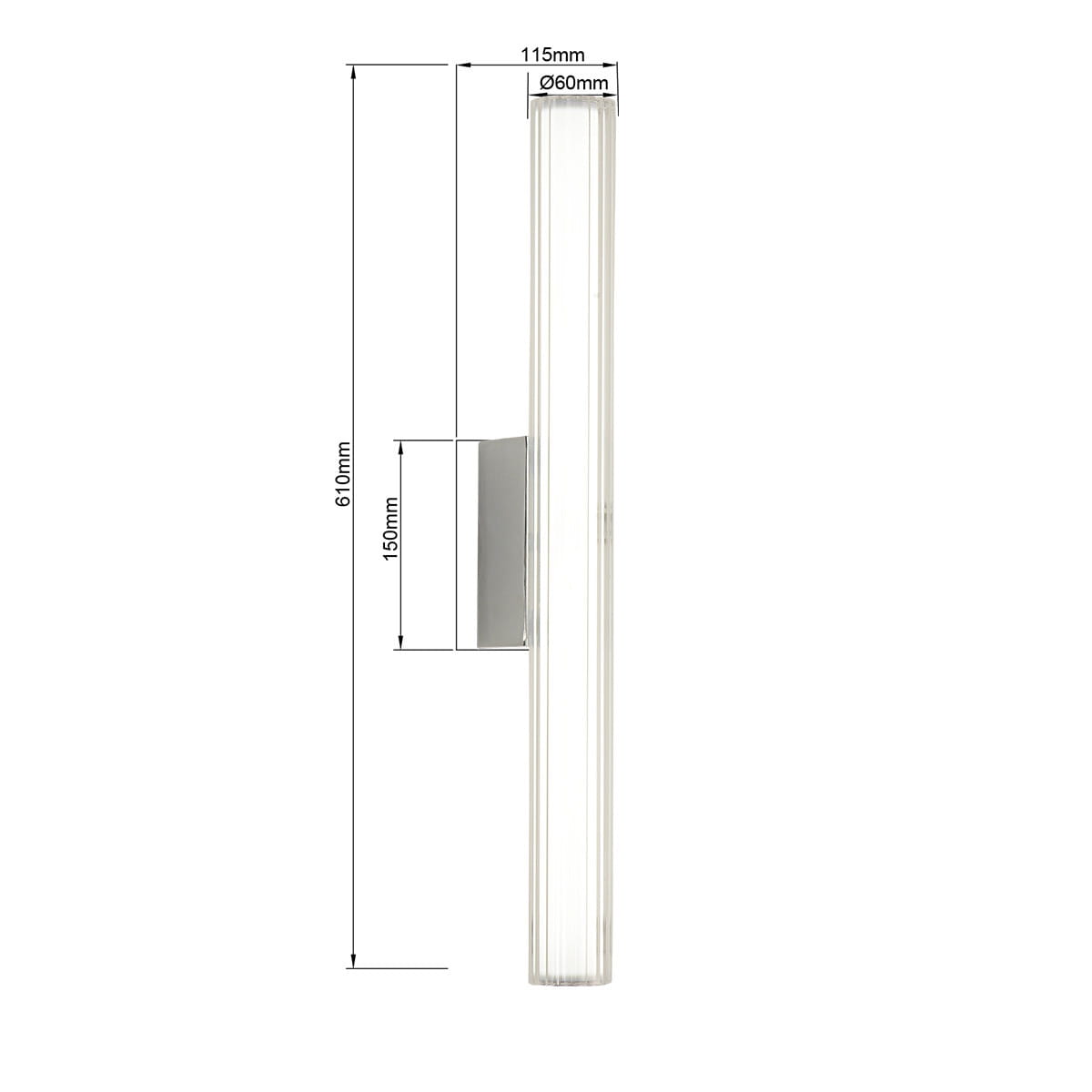 Kinkiet Linea H61 w kolorze chromowanym, o wymiarach 610 mm wysokości, 115 mm szerokości i 60 mm średnicy. Wyposażony w 1 diodę LED o mocy 12W, przeznaczony do użytku wewnętrznego i zewnętrznego (IP44). Montowany na ścianie.