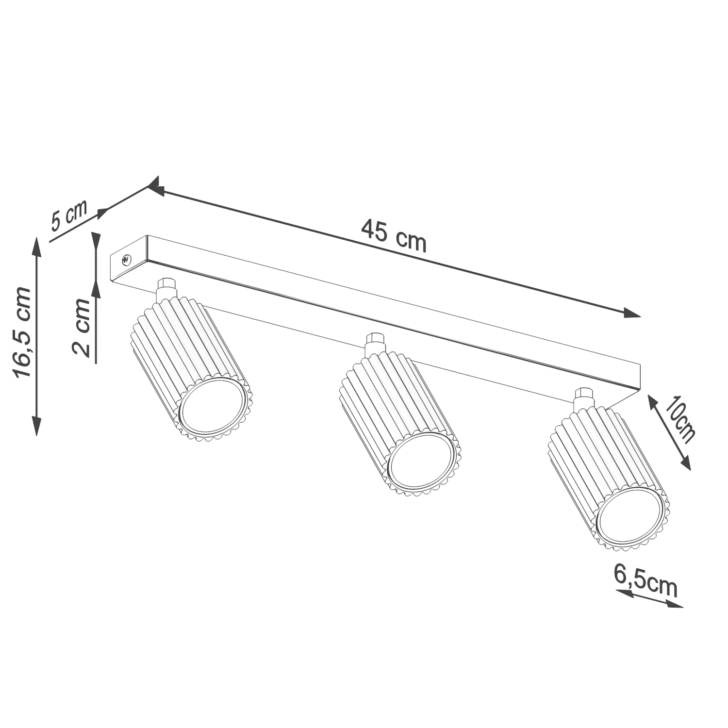 Lampa sufitowa Karbon w kolorze ochra czerwona, z trzema reflektorami typu GU10. Wymiary: długość 45 cm, wysokość 16,5 cm, szerokość 5 cm. Reflektory mają średnicę 6,5 cm i wysokość 10 cm, umieszczone na prostokątnej podstawie.