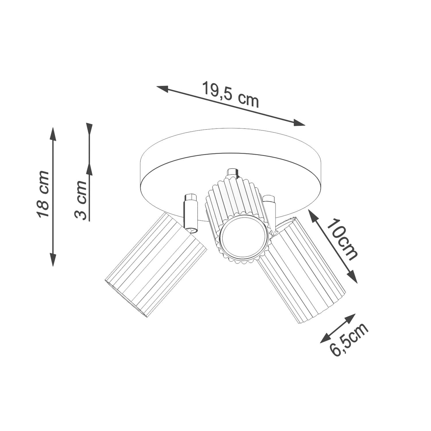 Lampa sufitowa Karbon koło w kolorze ochra czerwona, z trzema spotami na żarówki GU10. Średnica podstawy wynosi 19,5 cm, wysokość 18 cm. Ułożona na suficie, z ruchomymi ramionami do ustawienia kierunku światła.