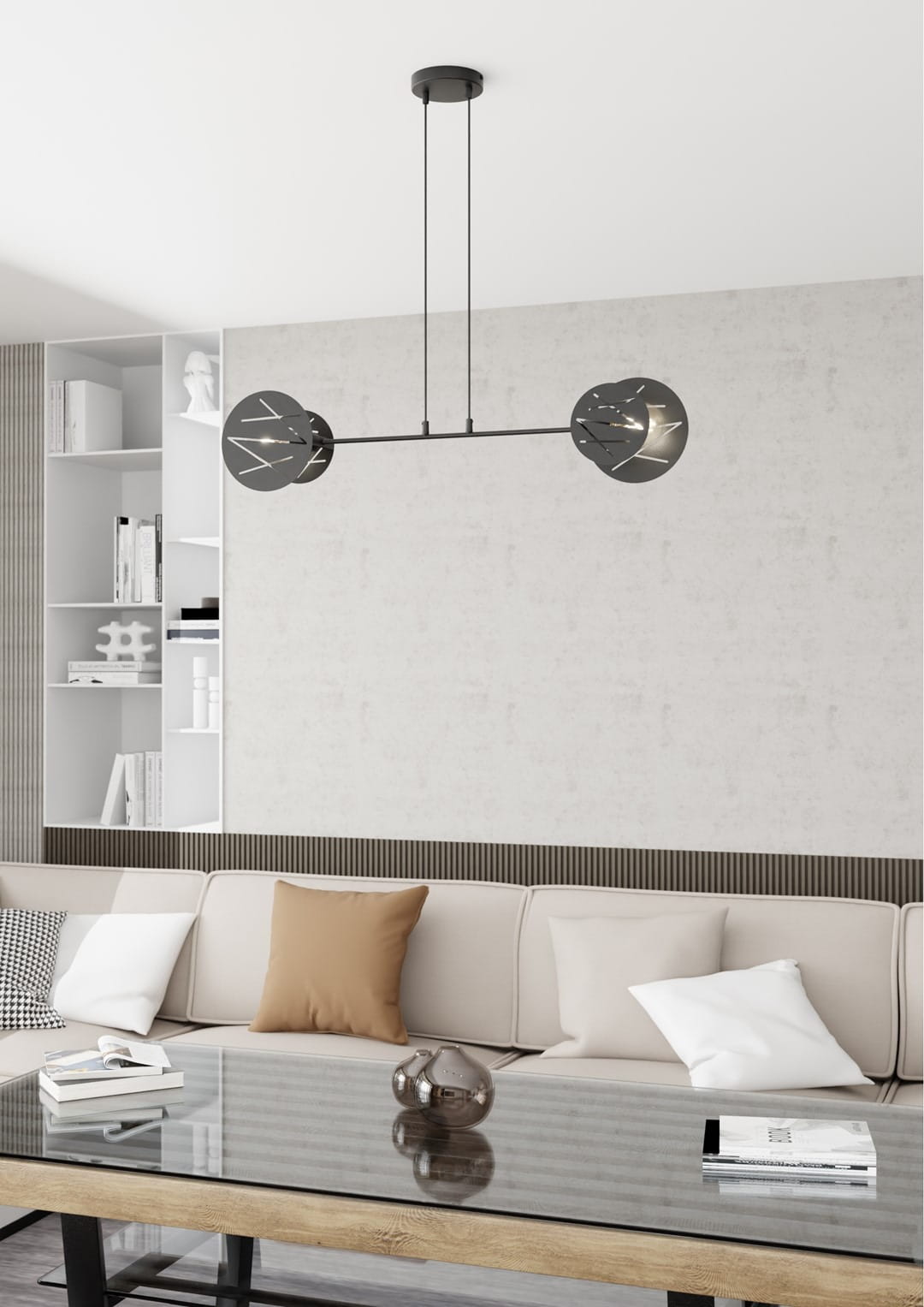 Lampa wisząca Xotic 2xE27 w kolorze czarnym, z podwójnymi okrągłymi kloszami z wzorem. Zawieszona na dwóch cienkich linkach, umieszczona nad stolikiem w nowoczesnym wnętrzu z jasną sofą i regałem w tle.