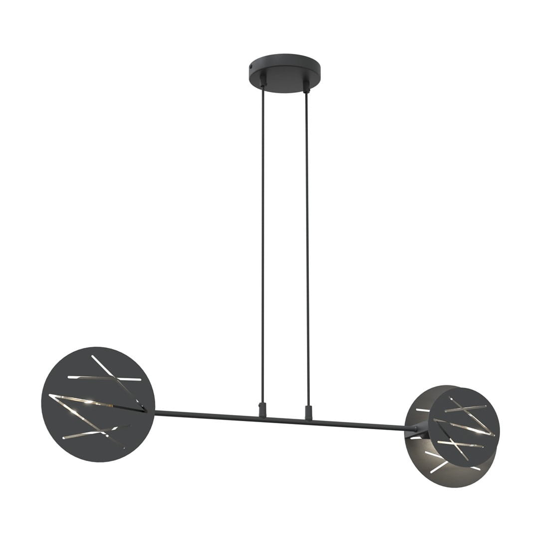 Lampa wisząca Xotic 2xE27 w kolorze czarnym, z dwiema okrągłymi oprawami z wycięciami, zawieszona na dwóch przewodach. Prosta, nowoczesna konstrukcja, idealna do aranżacji wnętrz.
