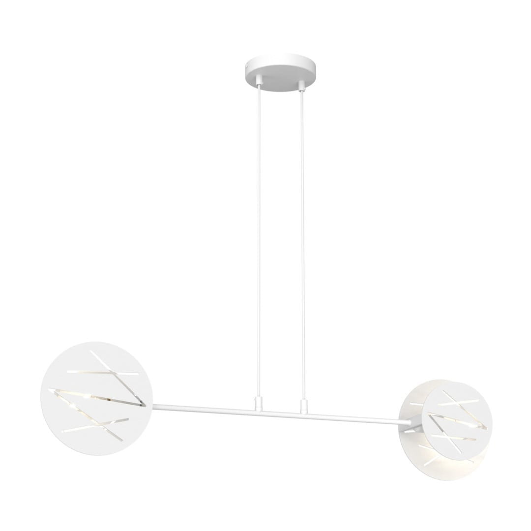 Lampa wisząca Xotic 2xE27 w kolorze białym, z okrągłymi elementami z przerywaną grafiką. Ujęcie frontalne, zawieszona na dwóch cienkich linkach. Prosta konstrukcja, idealna do nowoczesnych wnętrz.