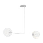 Lampa wisząca Xotic 2xE27 w kolorze białym, z okrągłymi elementami z przerywaną grafiką. Ujęcie frontalne, zawieszona na dwóch cienkich linkach. Prosta konstrukcja, idealna do nowoczesnych wnętrz.