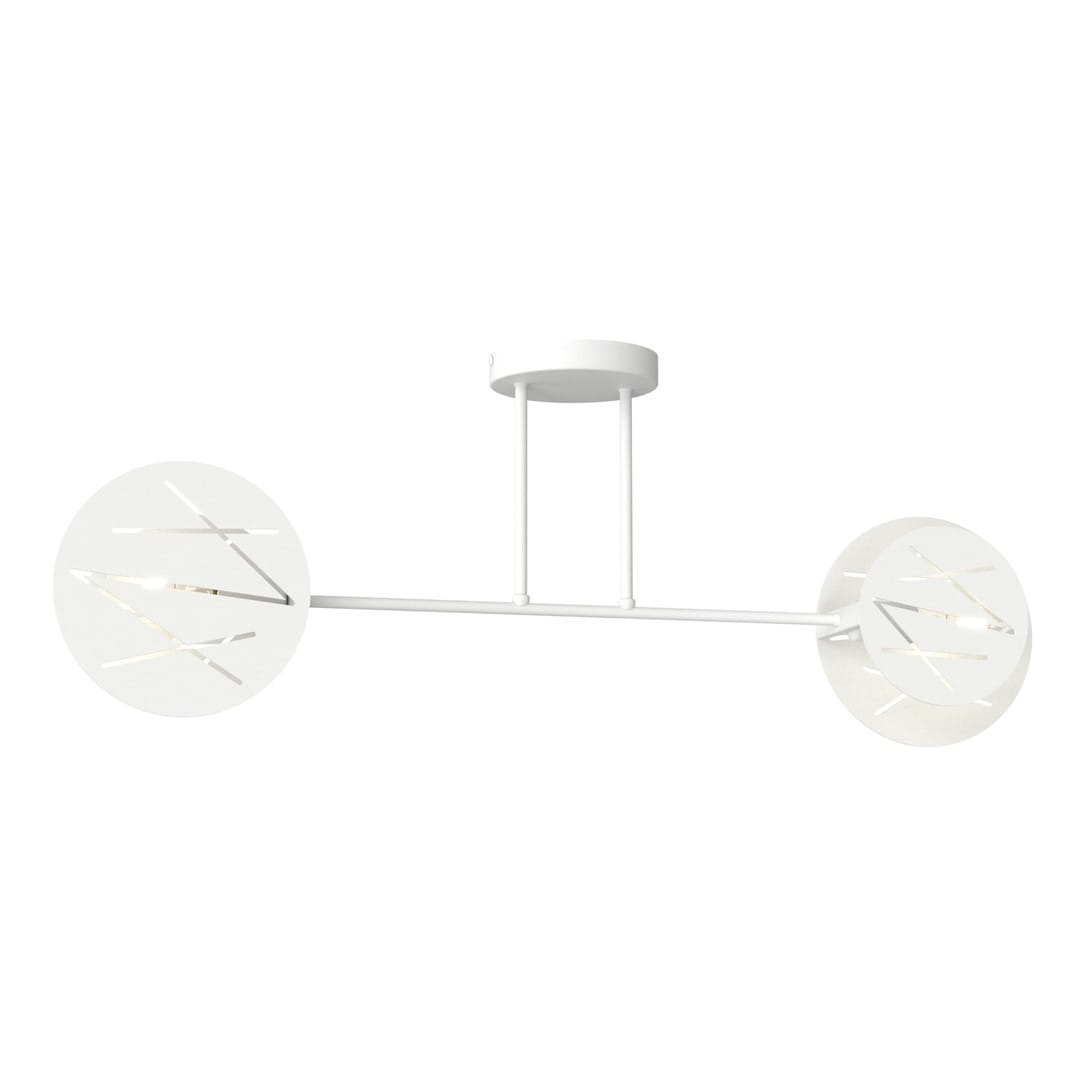 Lampa sufitowa Frick 2xE27 w kolorze białym, z metalową konstrukcją. Posiada dwa okrągłe klosze z dekoracyjnymi wzorami w formie linii. Zamontowana na cienkim, prostym stelażu, idealna do nowoczesnych wnętrz.