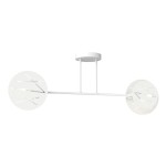 Lampa sufitowa Frick 2xE27 w kolorze białym, z metalową konstrukcją. Posiada dwa okrągłe klosze z dekoracyjnymi wzorami w formie linii. Zamontowana na cienkim, prostym stelażu, idealna do nowoczesnych wnętrz.