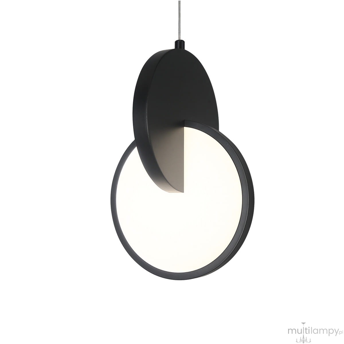 Czarna lampa wisząca Circlo z jedną diodą LED o mocy 8W. Okrągły klosz z białym, mlecznym szkłem, zawieszony na cienkim przewodzie. Wysoka estetyka, minimalistyczny design, idealna do nowoczesnych wnętrz.