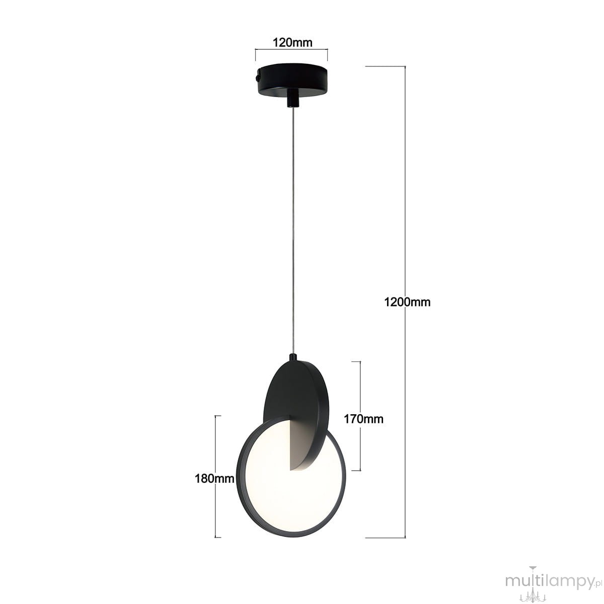 Lampa wisząca Circlo w kolorze czarnym z jedną diodą LED 8W. Okrągły klosz z białym wnętrzem, zawieszony na cienkim kablu o długości 1200 mm. Wymiary klosza: średnica 180 mm, wysokość 170 mm; podstawa: średnica 120 mm.