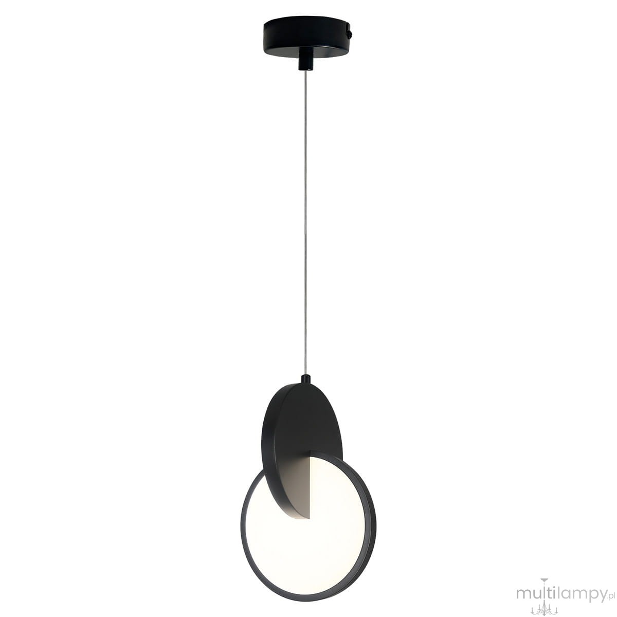 Lampa wisząca Circlo w kolorze czarnym, z jednym źródłem światła LED o mocy 8W. Okrągły klosz z białym wnętrzem zawieszony na cienkim przewodzie, montowany do sufitu. Nowoczesny design z półokrągłym elementem dekoracyjnym.