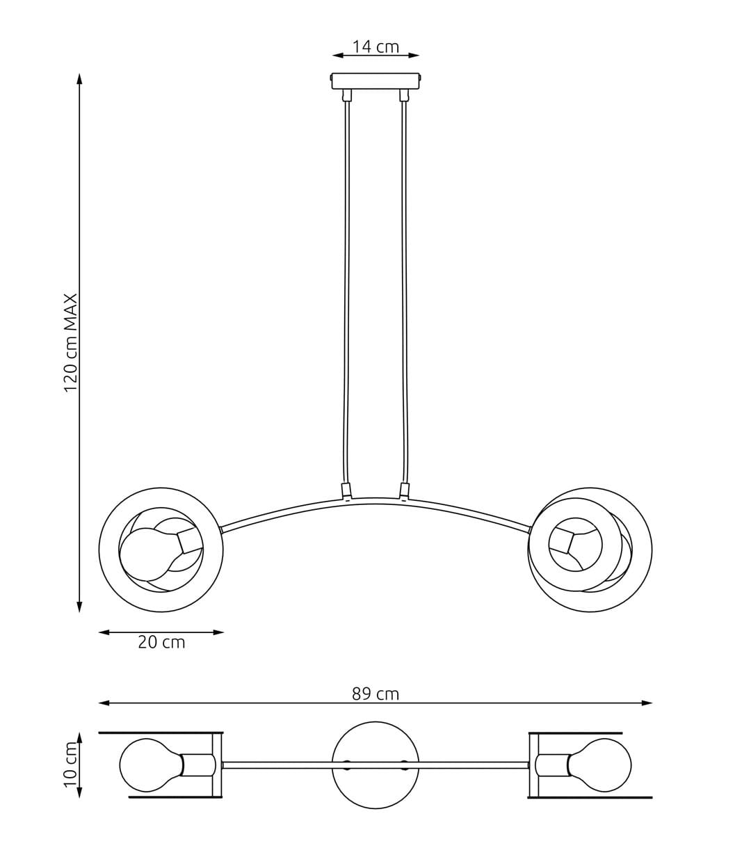 Czarna lampa wisząca Euforia 2xE27, o wymiarach 89 cm długości i 14 cm szerokości, z dwoma okrągłymi oprawami na żarówki, zawieszona na dwóch cienkich przewodach, z możliwością regulacji wysokości do 120 cm.