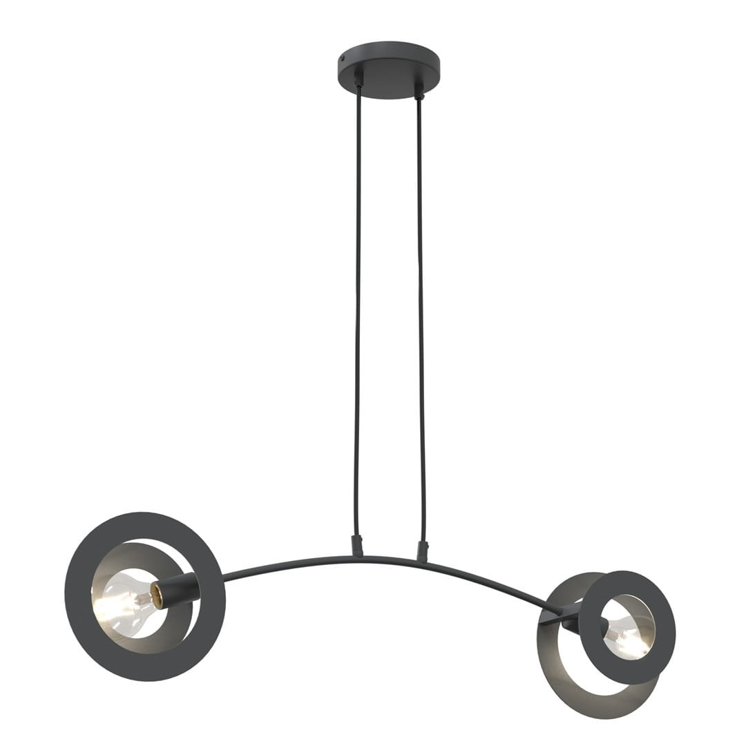 Lampa wisząca Euforia w kolorze czarnym, z dwoma okrągłymi kloszami, zawieszona na dwóch cienkich przewodach. Klosze z miejscem na żarówki E27, minimalistyczny design, idealna do nowoczesnych wnętrz. Ujęcie frontalne na białym tle.