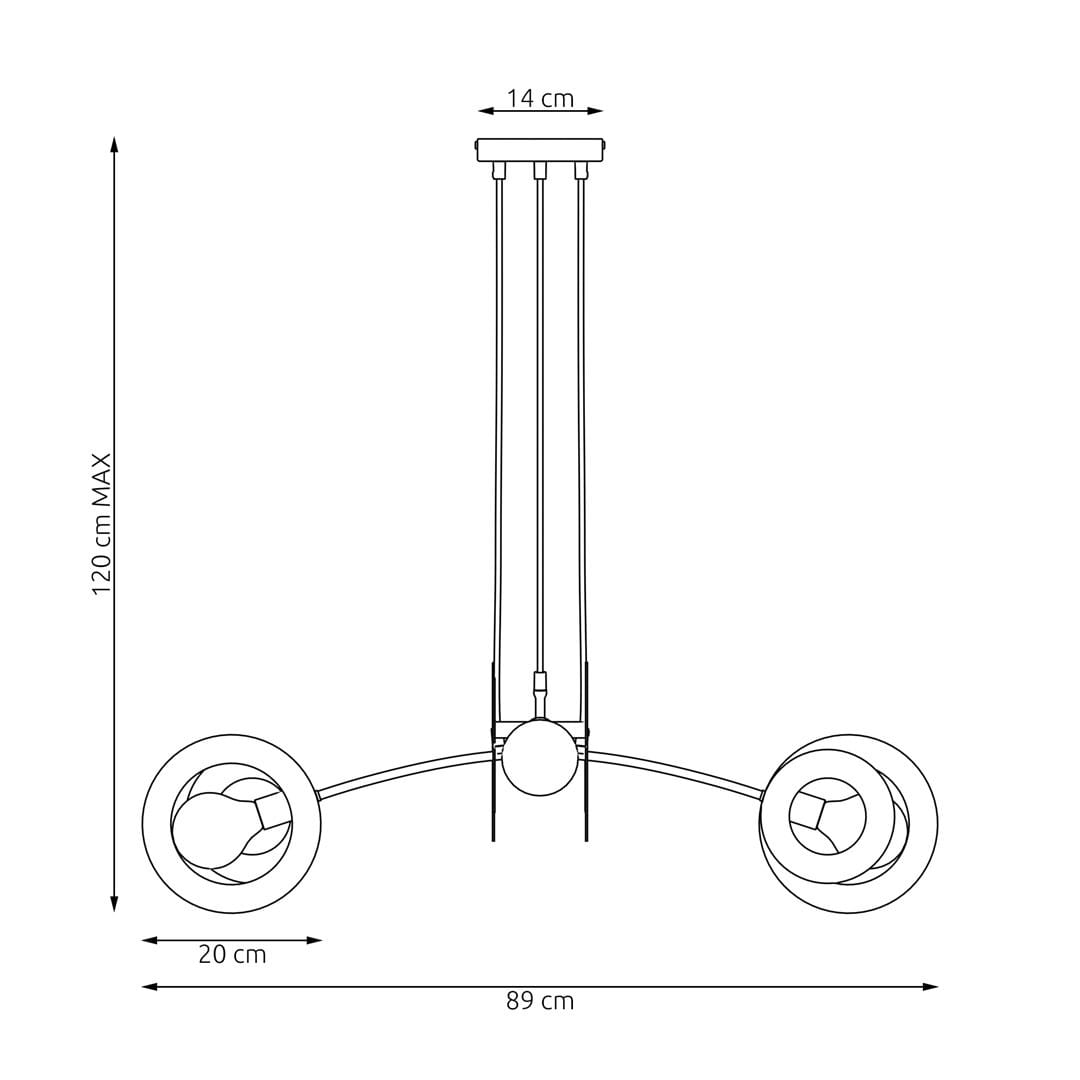 Lampa wisząca Euforia 4xE27 w kolorze czarnym, o wymiarach 14 cm szerokości i maksymalnej długości 120 cm. Posiada cztery oprawy w formie okrągłych kloszy, rozmieszczonych na regulowanych linkach, umieszczonych na centralnym elemencie.