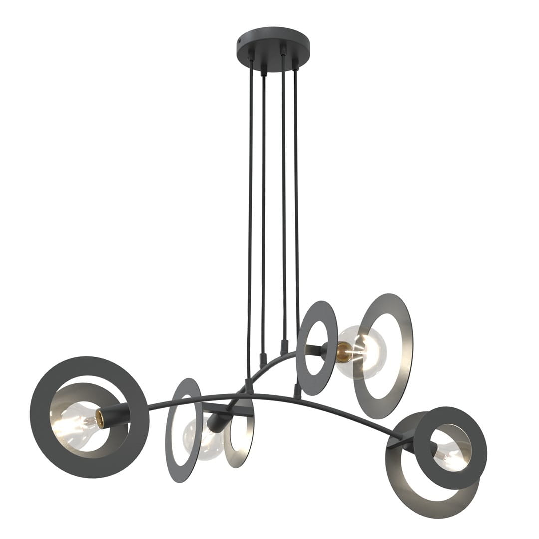 Lampa wisząca Euforia 4xE27 w kolorze czarnym, z eleganckimi okrągłymi elementami. Posiada cztery źródła światła, zawieszona na długich linkach. Kształt lampy tworzy dynamiczną kompozycję, idealna do nowoczesnych wnętrz.