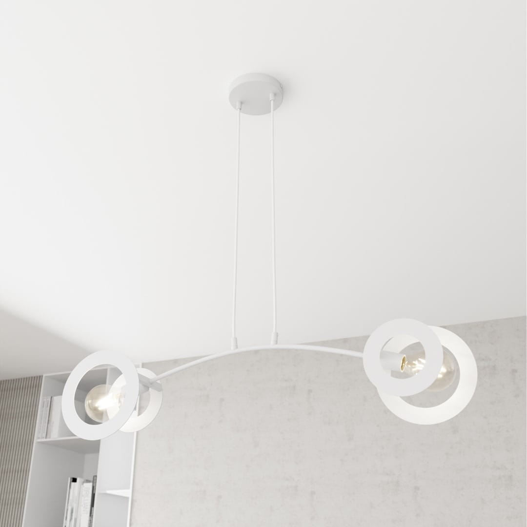 Lampa wisząca Euforia w kolorze białym z dwoma oprawami E27. Posiada nowoczesny design z okrągłymi elementami, zawieszona na dwóch linkach. Widoczna na jednolitym tle, idealna do nowoczesnych wnętrz.