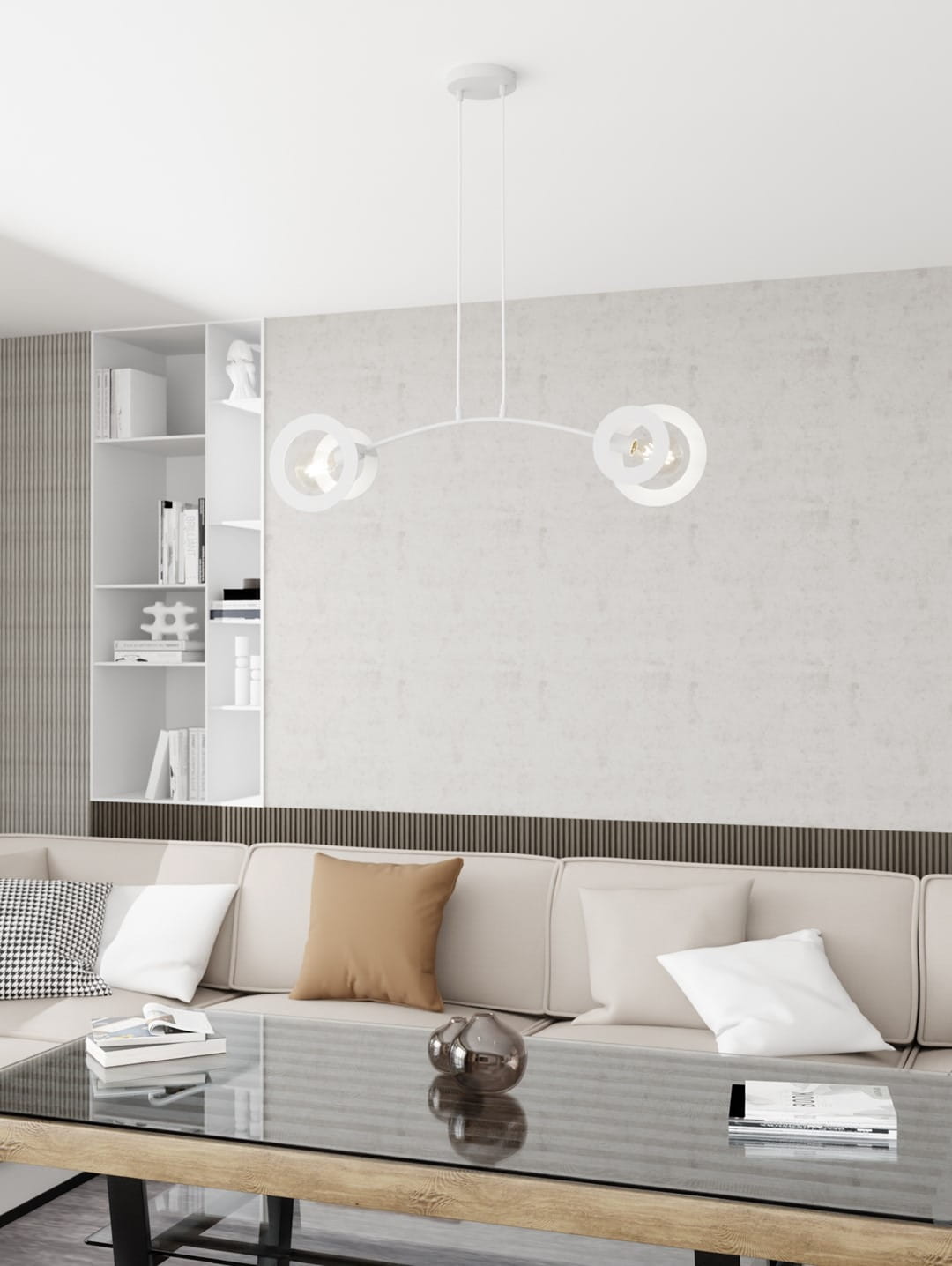 Lampa wisząca Euforia w kolorze białym, z dwoma źródłami światła E27, zawieszona na długich przewodach w nowoczesnym stylu. Produkt umieszczony w minimalistycznym wnętrzu z sofą i szklanym stolikiem.