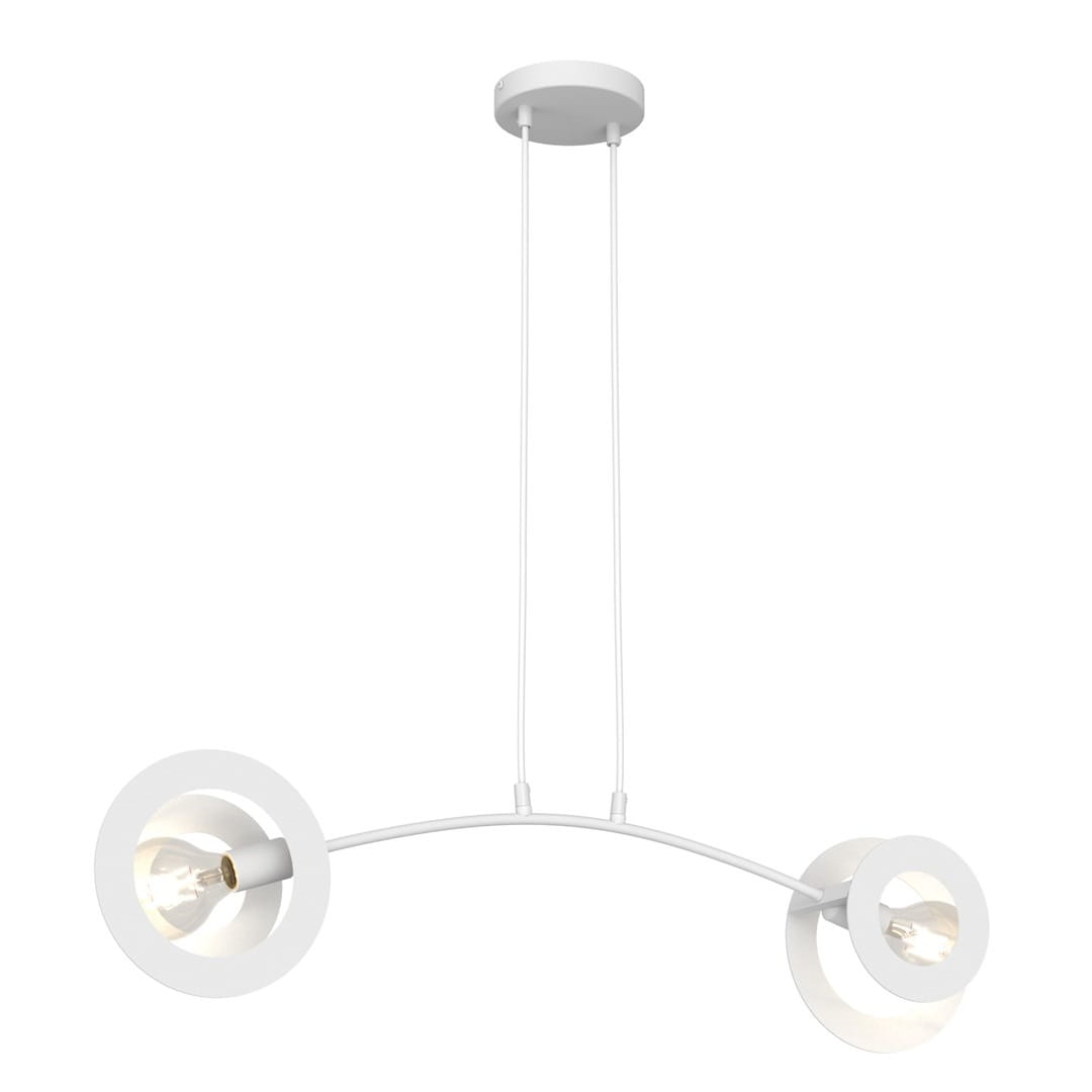 Lampa wisząca Euforia 2xE27 w kolorze białym, z dwiema okrągłymi oprawami na końcach zakrzywionego ramienia. Produkt zawieszony na dwóch kablach, z okrągłym mocowaniem sufitowym. Jasne źródła światła widoczne przez osłony.