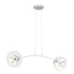 Lampa wisząca Euforia 2xE27 w kolorze białym, z dwiema okrągłymi oprawami na końcach zakrzywionego ramienia. Produkt zawieszony na dwóch kablach, z okrągłym mocowaniem sufitowym. Jasne źródła światła widoczne przez osłony.