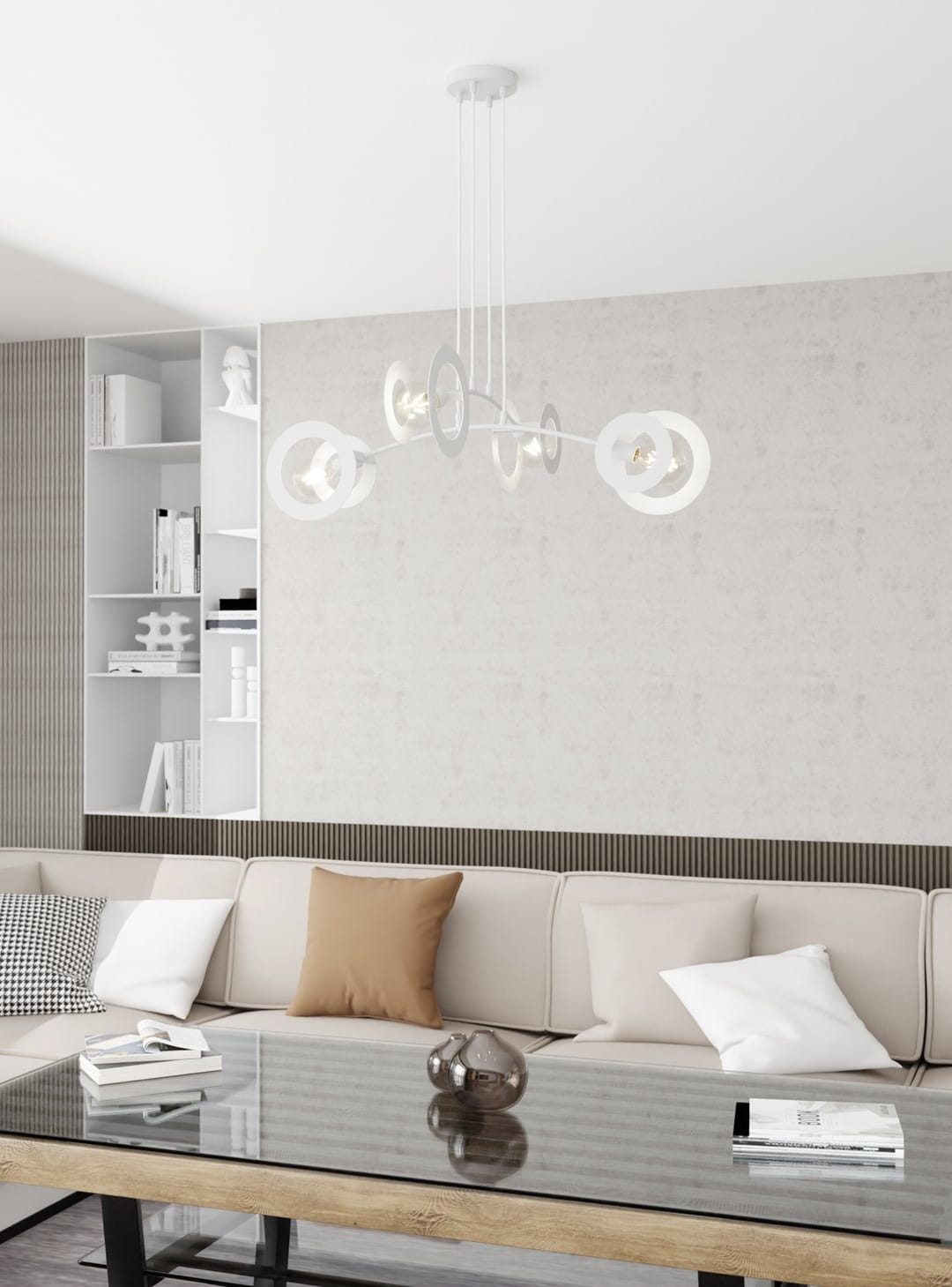 Lampa wisząca Euforia w kolorze białym, z czterema oprawami E27, zawieszona na cienkich linkach. Kształt okręgów wokół żarówek. Widoczna w nowoczesnym wnętrzu z sofą i stolikiem. Tło jasne, minimalistyczne, podkreślające elegancję lampy.