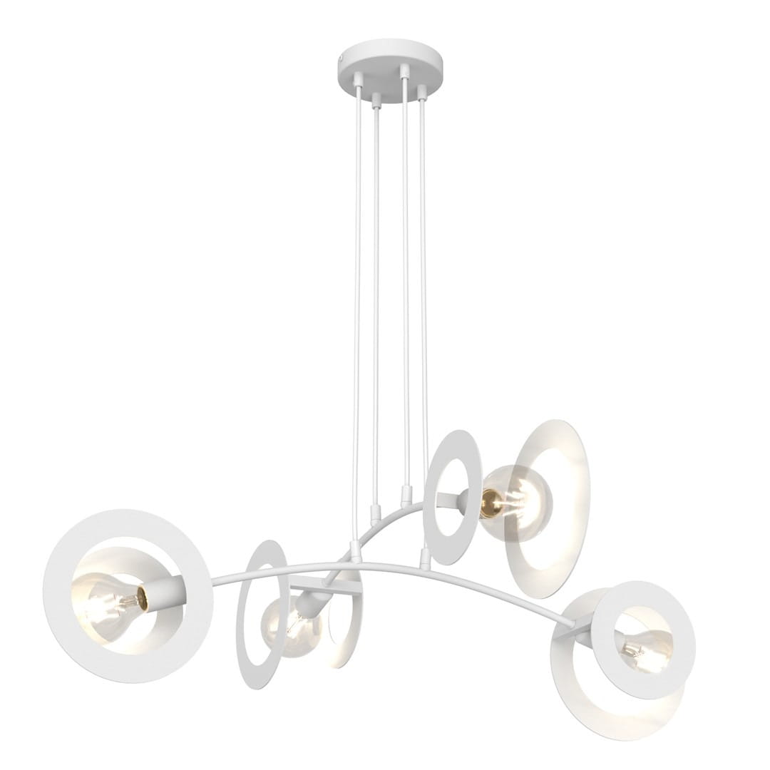 Lampa wisząca Euforia w kolorze białym, z czterema oprawami E27. Posiada zaokrąglone elementy w formie pierścieni, zawieszona na trzech cienkich linkach, w nowoczesnym stylu. Idealna do aranżacji wnętrz.
