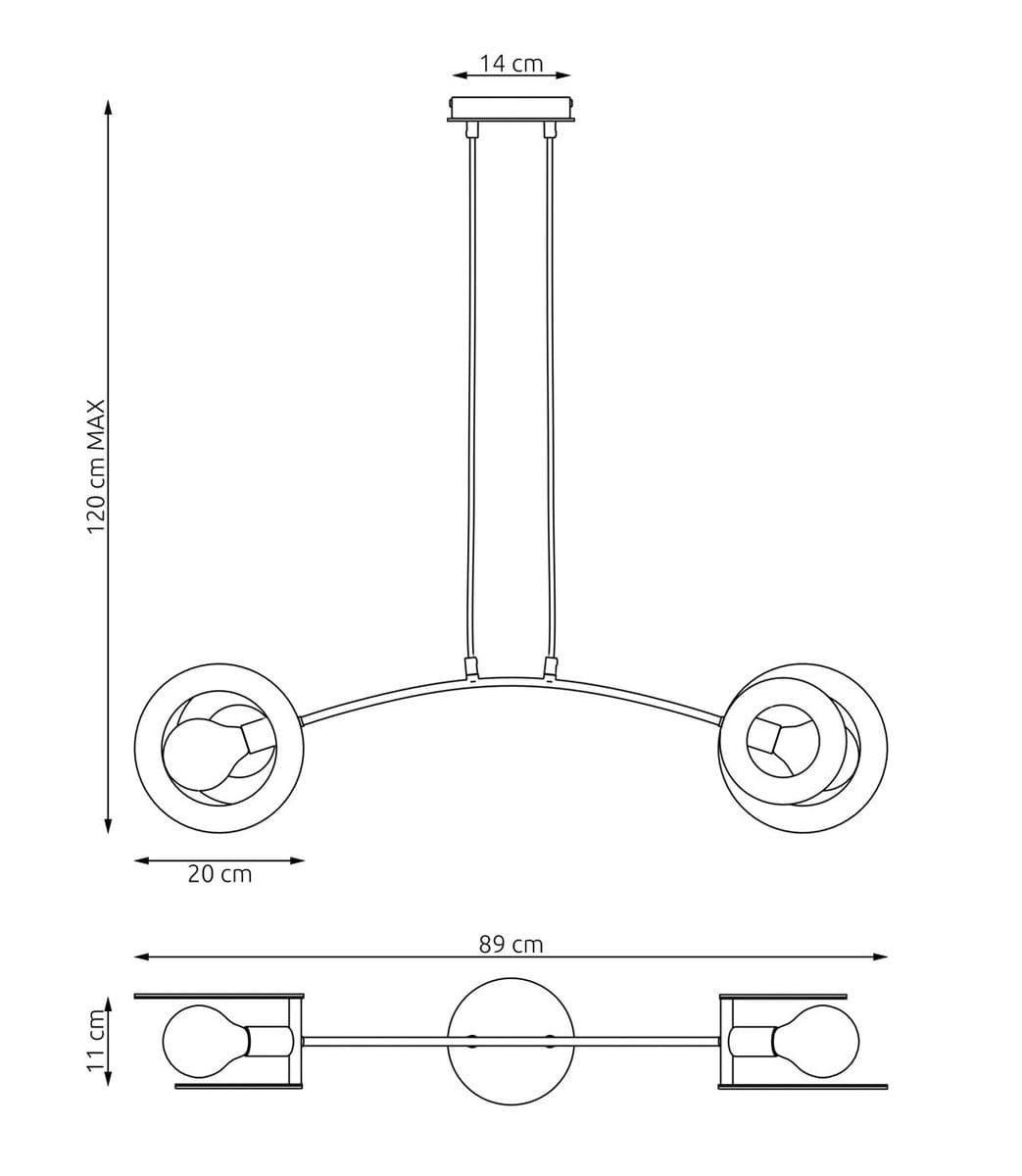 Lampa wisząca Skiva 2xE27 w kolorze czarnym z elementami jasnego drewna. Okrągłe klosze umieszczone na dwóch ramionach, wisi na cienkich linkach. Wymiary: średnica kloszy 20 cm, długość do 120 cm. Prosta, nowoczesna konstrukcja.