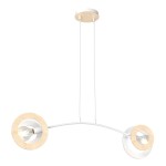 Lampa wisząca Skiva z dwoma źródłami światła E27, w kolorze białym z jasnym drewnem. Okrągłe klosze na metalowym stelażu, zawieszona na cienkich linkach. Prosta forma, idealna do nowoczesnych wnętrz.