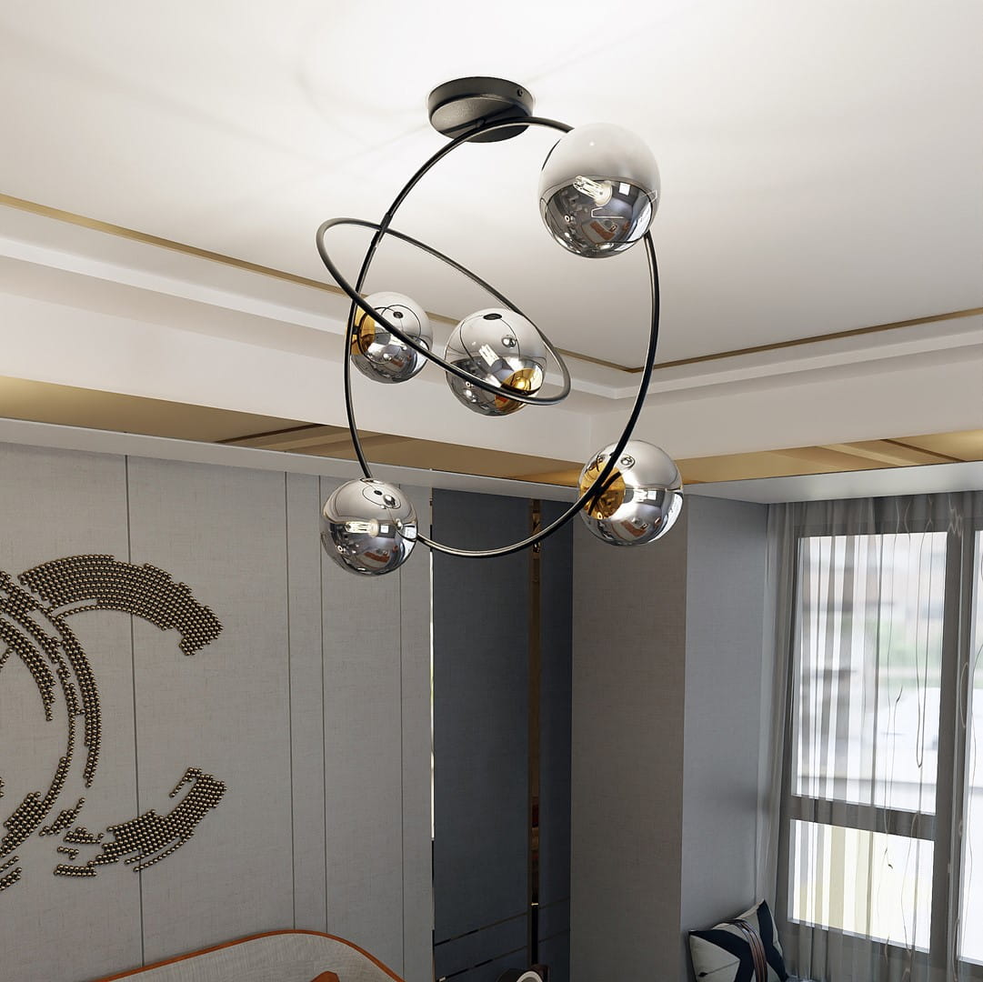 Lampa sufitowa Stardom 5xE14 w kolorze czarnym i grafitowym, z pięcioma okrągłymi kloszami w metalicznym wykończeniu. Zawieszona na okrągłej podstawie, w nowoczesnym wnętrzu, doskonale oświetla przestrzeń.
