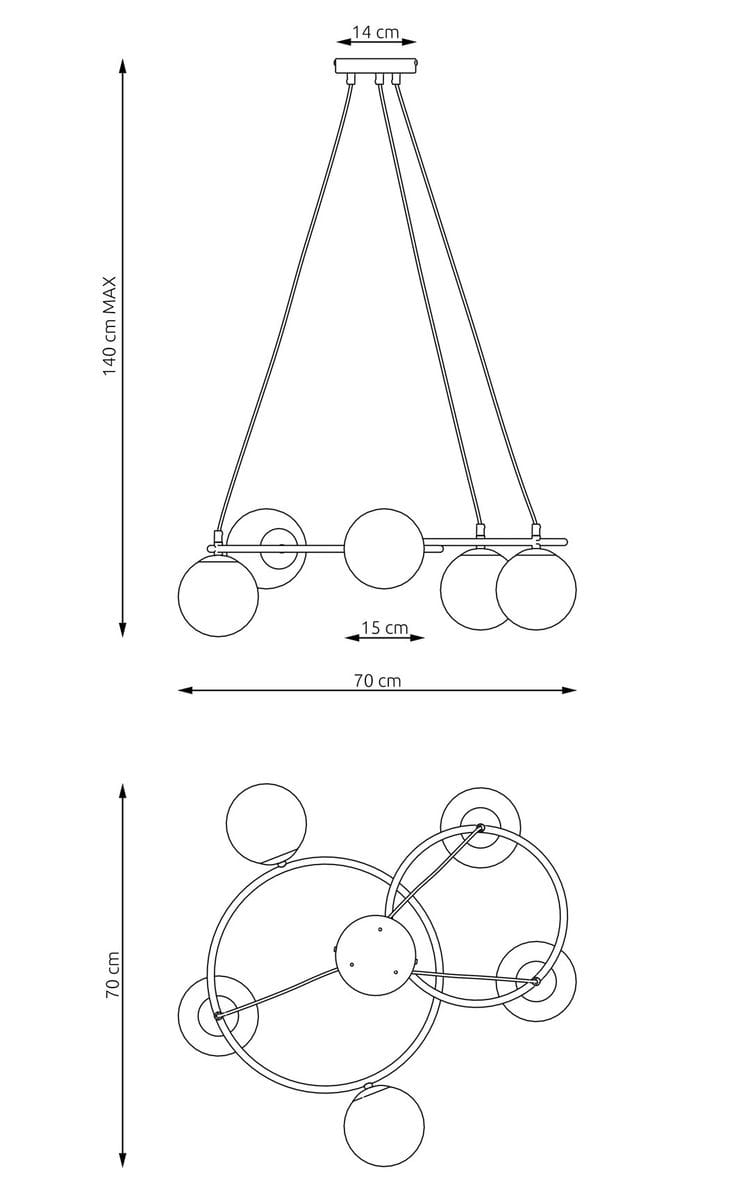 Lampa wisząca Libra, pięciopunktowa, z opalowymi kloszami, czarna konstrukcja. Wymiary: długość 70 cm, wysokość max 140 cm, szerokość 14 cm. Klosze w formie kul, umieszczone na metalowej ramie, w minimalistycznym stylu.