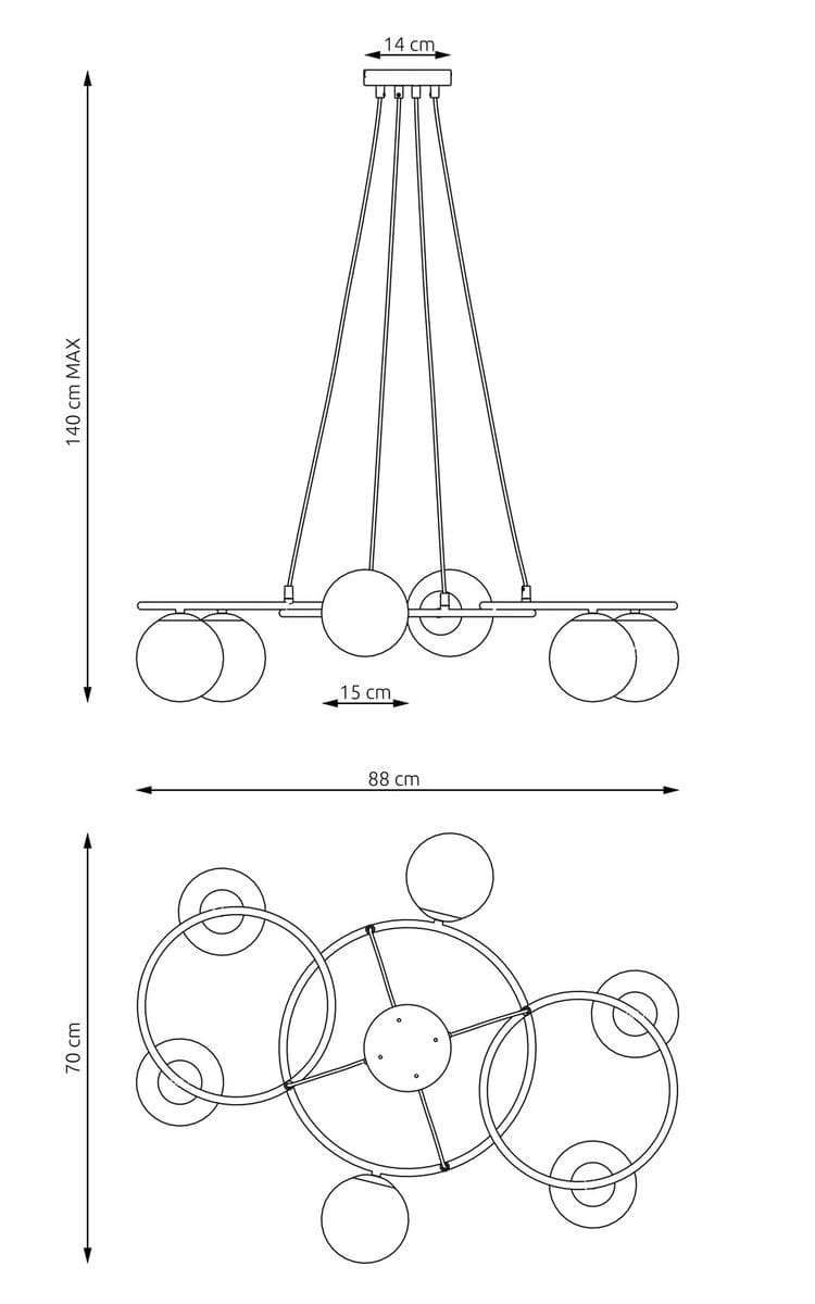 Lampa wisząca Libra z sześcioma źródłami światła E14. Okrągłe, opalowe klosze na czarnej konstrukcji. Wymiary: 88 cm szerokości, 70 cm wysokości, z regulacją do 140 cm. Prosty, nowoczesny design, idealna do różnych wnętrz.