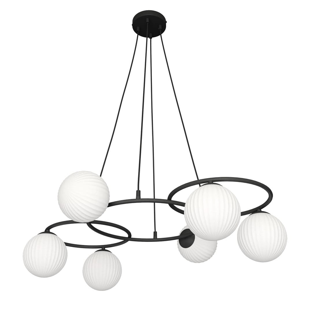 Lampa wisząca Libra w kolorze czarnym z sześcioma opalowymi kloszami w kształcie kul. Klosze umieszczone na metalowych okręgach, zwisające na cienkich linkach. Nowoczesny design idealny do różnych wnętrz.