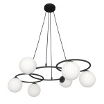 Lampa wisząca Libra w kolorze czarnym z sześcioma opalowymi kloszami w kształcie kul. Klosze umieszczone na metalowych okręgach, zwisające na cienkich linkach. Nowoczesny design idealny do różnych wnętrz.