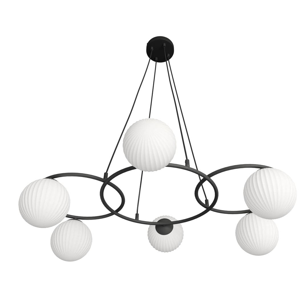 Lampa wisząca Libra 6xE14 w kolorze czarnym z opalowymi kloszami. Okrągła konstrukcja z sześcioma białymi, żebrowanymi kloszami, zawieszona na cienkich linkach. Idealna do nowoczesnych wnętrz.