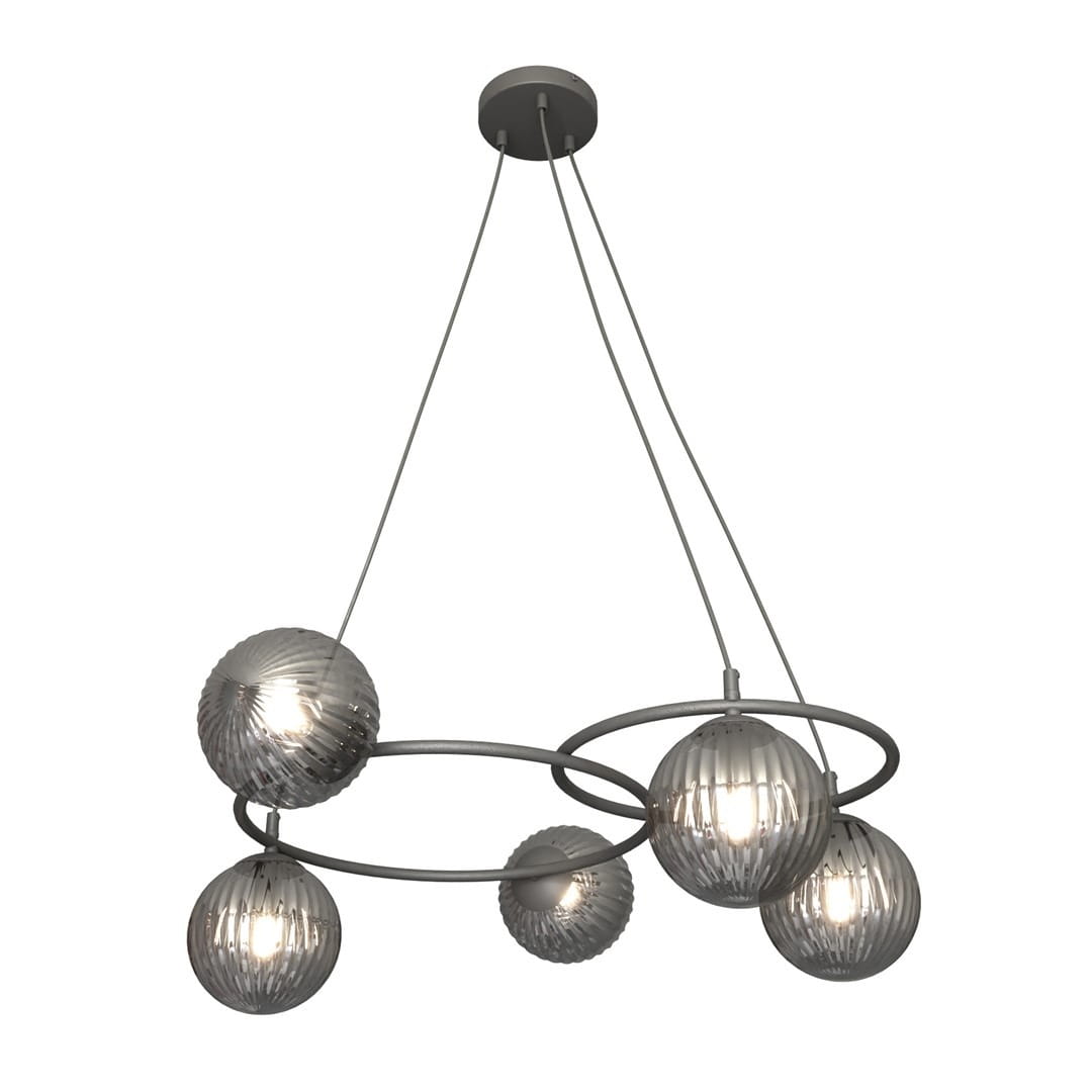 Lampa wisząca Libra, czarna/grafitowa, z pięcioma kulistymi kloszami o teksturowanej powierzchni. Ujęcie z dołu, wisząca konstrukcja na trzech linkach, z okrągłym mocowaniem sufitowym. Wymiary i szczegóły konstrukcyjne nie są widoczne.