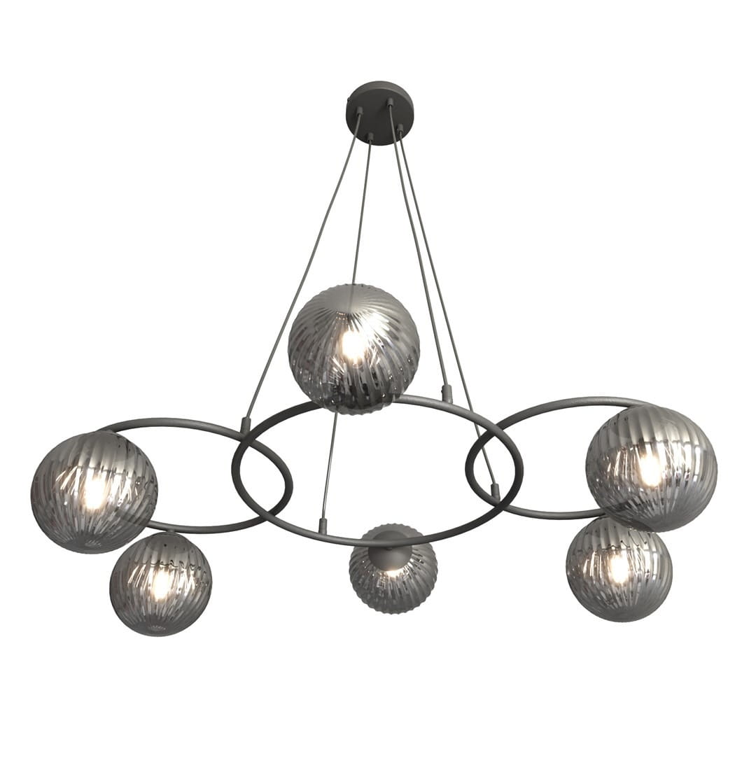 Lampa wisząca Libra z sześcioma oprawami E14, w kolorze czarnym i grafitowym. Konstrukcja z metalowych pierścieni z przezroczystymi, teksturowanymi kloszami w kształcie kul. Ujęcie z dołu, wisząca, w nowoczesnym stylu.