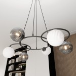 Lampa wisząca Libra w kolorze czarnym z sześcioma źródłami światła E14. Składa się z okrągłej konstrukcji, na której zawieszone są kuliste klosze w białym i szarym kolorze, z teksturowanymi i gładkimi powierzchniami.