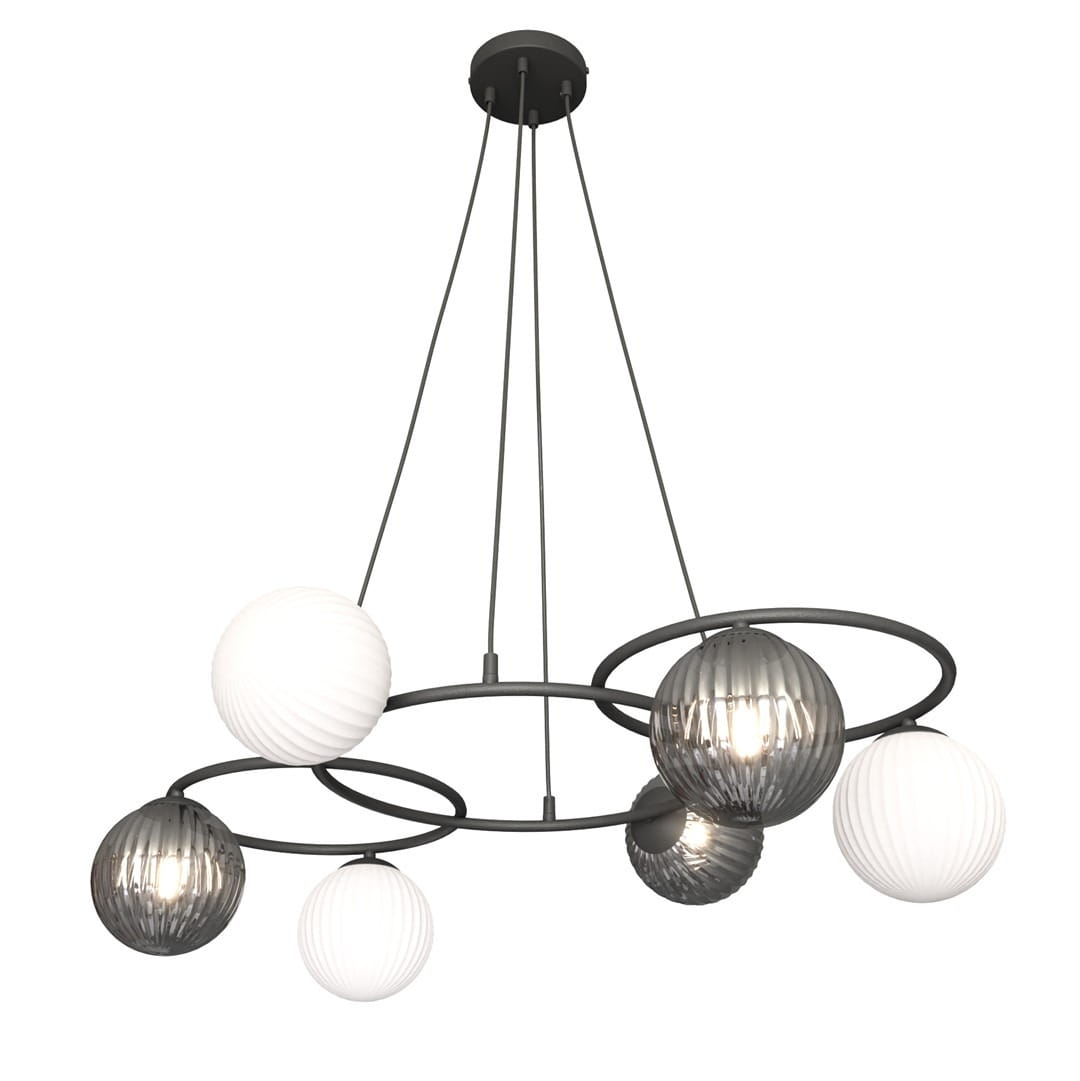 Lampa wisząca Libra z sześcioma oprawami E14, w kolorze czarnym. Posiada okrągłe klosze w różnych odcieniach bieli i szarości, zawieszona na cienkich linkach. Nowoczesny design z metalowym stelażem i dekoracyjnymi kulami.