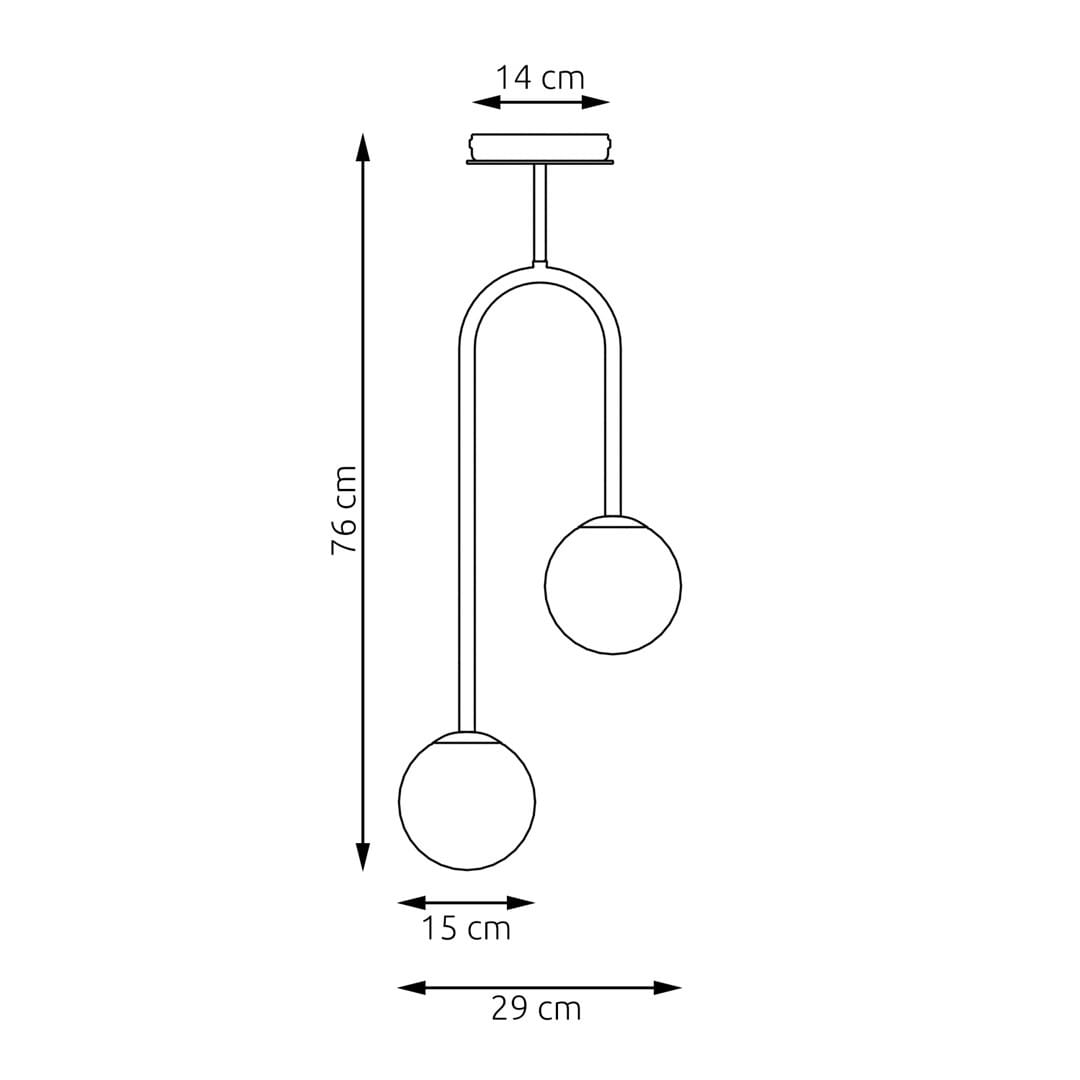 Czarna lampa sufitowa Atria z dwoma opalowymi kloszami, o wymiarach 76 cm wysokości i 29 cm szerokości. Kształt minimalistyczny, z okrągłymi kloszami o średnicy 15 cm, zawieszona na prostym stelażu. Idealna do nowoczesnych wnętrz.