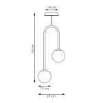 Czarna lampa sufitowa Atria z dwoma opalowymi kloszami, o wymiarach 76 cm wysokości i 29 cm szerokości. Kształt minimalistyczny, z okrągłymi kloszami o średnicy 15 cm, zawieszona na prostym stelażu. Idealna do nowoczesnych wnętrz.