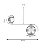 Lampa sufitowa Echo w kolorze czarnym z dwoma oprawami E27. Kształt okrągły, z metalowym stelażem o wymiarach 80 cm długości, 70 cm wysokości. Klosze o średnicy 24 cm i wysokości 16 cm, zawieszone na łuku. Prosta konstrukcja z minimalistycznym designem.