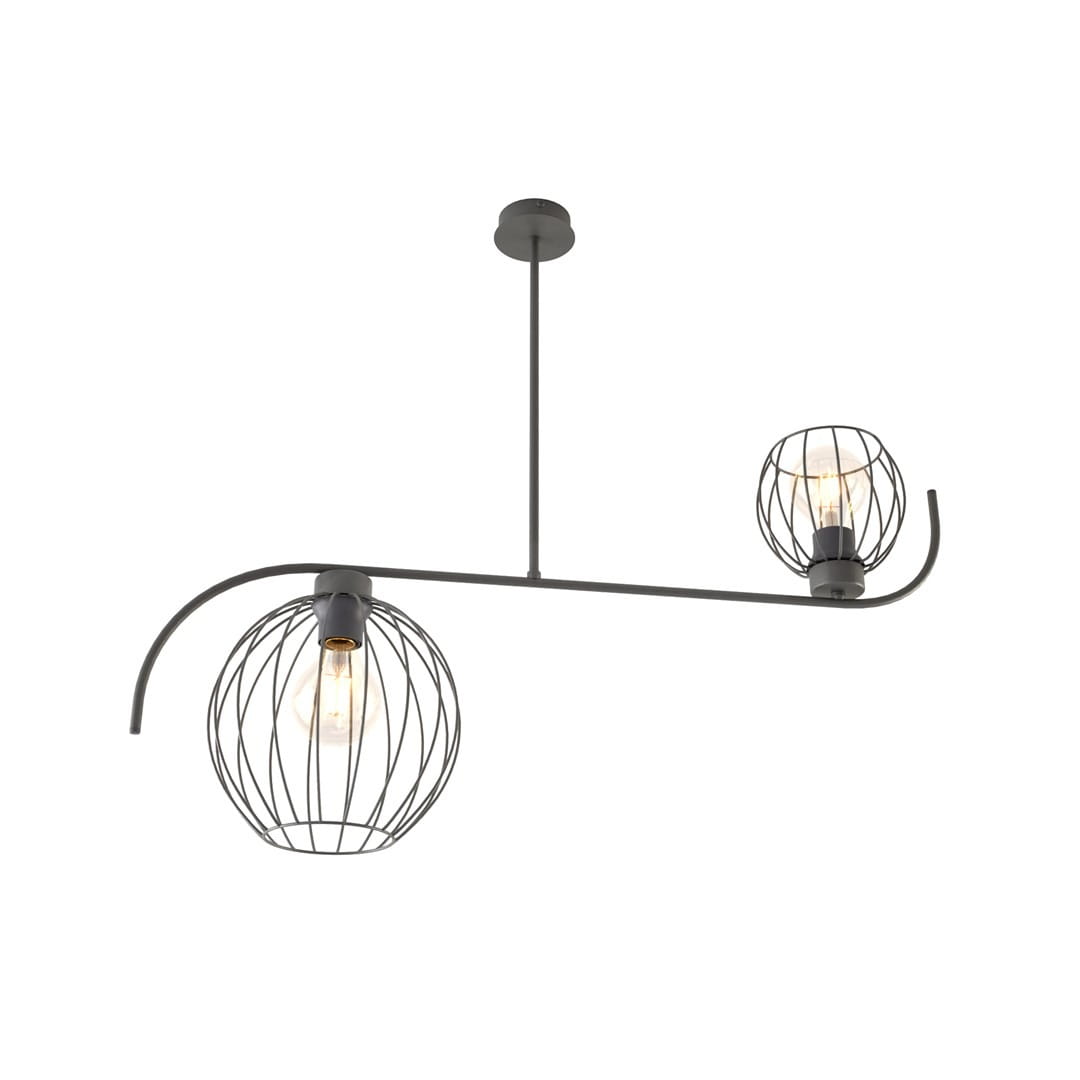 Czarna lampa sufitowa Echo z dwoma kloszami w kształcie siatki, zawieszona na długim, prostym ramieniu. Klosze mają okrągły kształt i są wykonane z metalu, co nadaje nowoczesny wygląd. Ujęcie frontalne, na jednolitym tle.