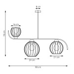 Czarna lampa sufitowa Echo z trzema oprawami E27. Kształt kulisty, średnica dużych kloszy 24 cm, mniejszych 16 cm. Wymiary: długość 90 cm, wysokość 70 cm, szerokość 8 cm. Montaż sufitowy, nowoczesny design.